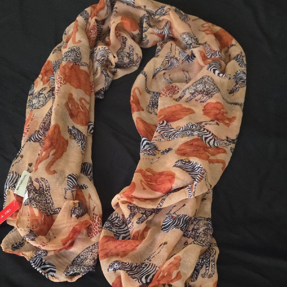 African Wildlife Patterned Scarf/Shawl - Orange and Black